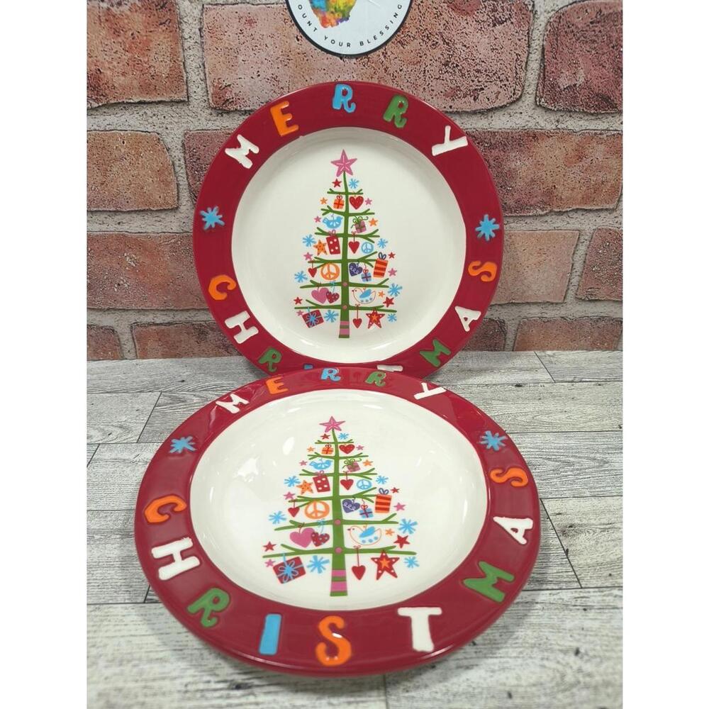 Set Of 2 Cracker Barrel Peace Love & Presents Merry Christmas 8" Plates NWT